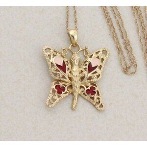 14k Yellow Gold Butterfly Necklace Pink and Red Enamel 18" Chain